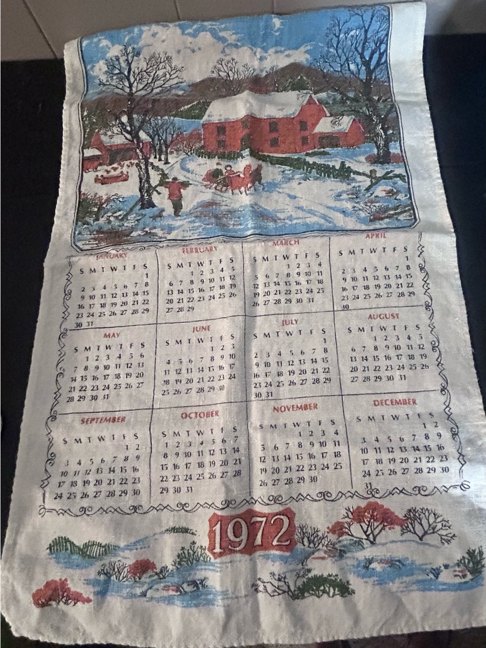 Vintage 1972 Winter Calendar Tea Towel - Cream with Red and Blue